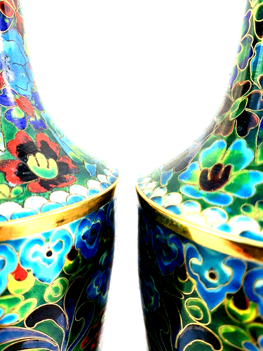CHINESE CLOISSONE SET 2 VASES BLU GREEN RED FLORAL SCALES MIRROR IMAGE VTGANTIK? - Picture 17 of 24