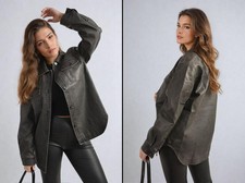 Button Front Pocket Detail Faux Leather Jacket