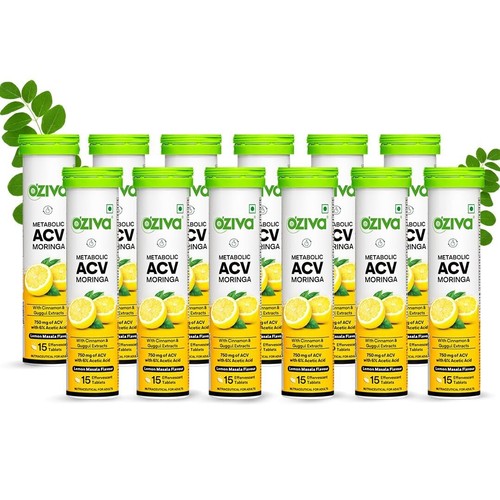 OZiva ACV Moringa Apple Cider Vinegar Tablets Lemon Masala 15tab (Pack of 12) - Picture 1 of 5