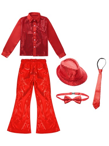 Kids Boys Jazz Dance Costume Theme Party Hip Hop Costume Flared Pants Glittery - Picture 7 of 61
