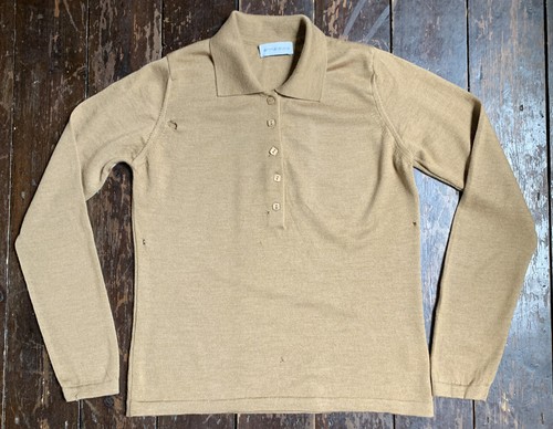 Vintage 90er nude beige Merinowolle quadratisches Knopfloch kleiner Kragen Pullover M TLC - Bild 1 von 12