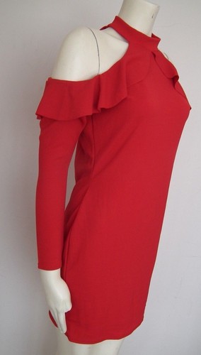 BOOHOO Plus Eva Crepe Ruffle Cold Shoulder High Neck Bodycon Red Dress Size 18 - Picture 3 of 7