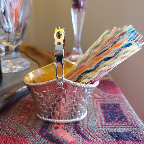 Tiny Silver Plated Gone Interior Basket Metal w Pierced Handle Heavy Japan VTG - Picture 24 of 24