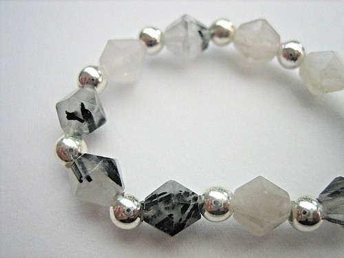 Pulsera de piedras preciosas de cuarzo turmalina husillo facetado bola de plata 925 cinta elástica - Imagen 3 de 5