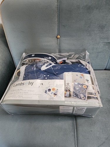 Lambs & Ivy Milky Way 4-Piece Crib Bedding Set - Blue, Gray, White, Modern - Picture 1 of 3