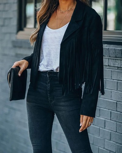 Damen Moto Biker Jacke Chic Cropped Quaste Fransen Kurz Dekor Mantel - Bild 14 von 28