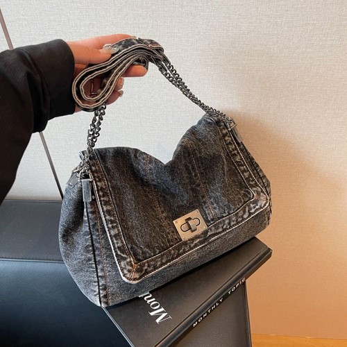 Denim Canvas Bag Metal Chain Solid Color Large Capacity Fashionable Travel - Picture 8 of 15