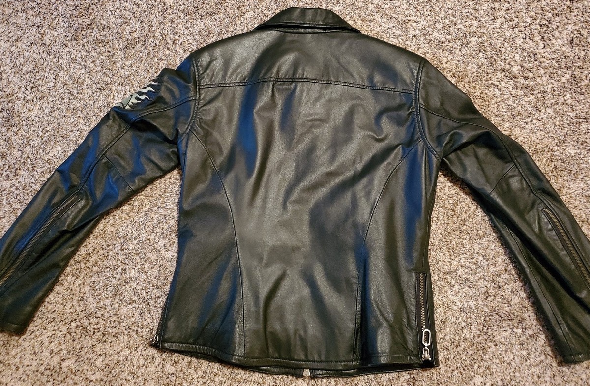 HARLEY DAVIDSON Black Leather Jacket Red Rose Dagger Women HARLEY DAVIDSON Black Leather Jacket Red Rose Dagger Women