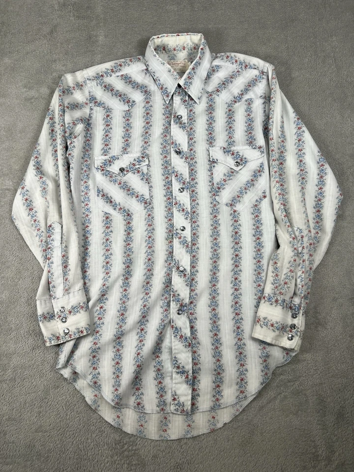 De colección Wrangler Perla Snap Para Hombres 15-33 Floral Colas Largas Aguja Única Años 70’s Foto 2 de 4