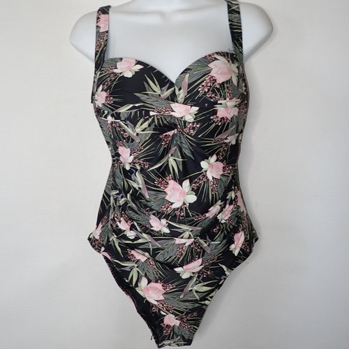 Nip Tuck geraffter schwarz & rosa Blumen Einteiler Badeanzug Gr. 10 Multi-Fit Cup