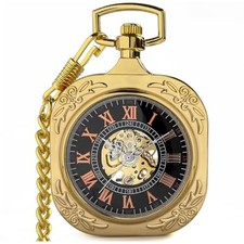 Mens Classic Steampunk Pocket Watch with Chain Skeleton Hand Wind Square Gold
