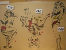 Vint. old  tattoo flash  ..11 x 14 in.   ' GIRLS & SKULL '