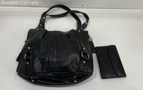 B. Makowsky Black Leather 3 Compartment Shoulder Bag w/Buxton Wallet 2pc Bundle