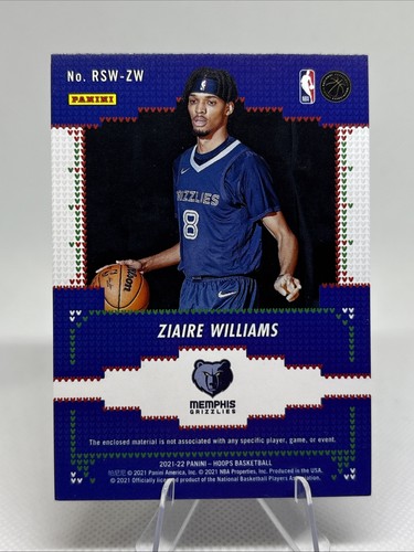 2021-22 Panini NBA Hoops - Rookie Sweaters Ziaire Williams #RSW-ZW (MEM, RC) - Picture 2 of 2