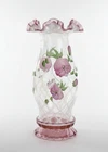 Fenton 11” Hand Painted Hurricane Lamp Vase Signed Pink Ruffled Satin Glass