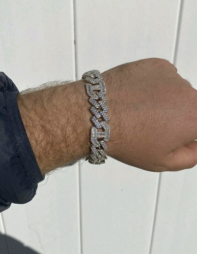 Herren Echt Massiv 925 Silber Baguette Kubanische Krappe Gucci Gliederarmband Hip Hop CZ - Bild 2 von 4