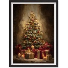 Christmas Tree Wall Art  Warm Traditional Holiday Decor Red Gold Ornaments