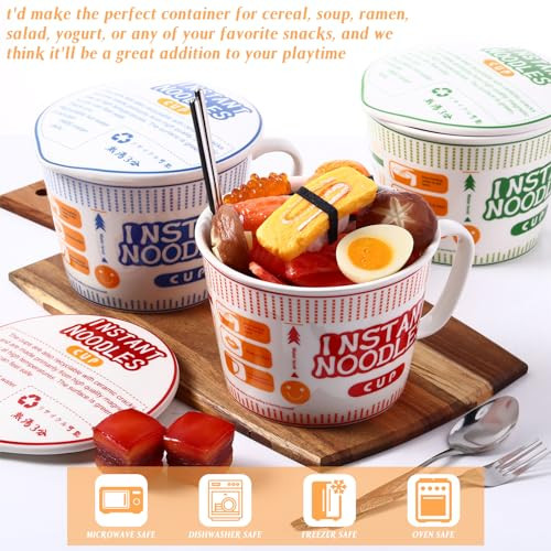 6 Pcs Japanese Ramen Bowl Set Includes 3 Pcs Instant Noodle Bowl with Lid - Picture 6 of 7