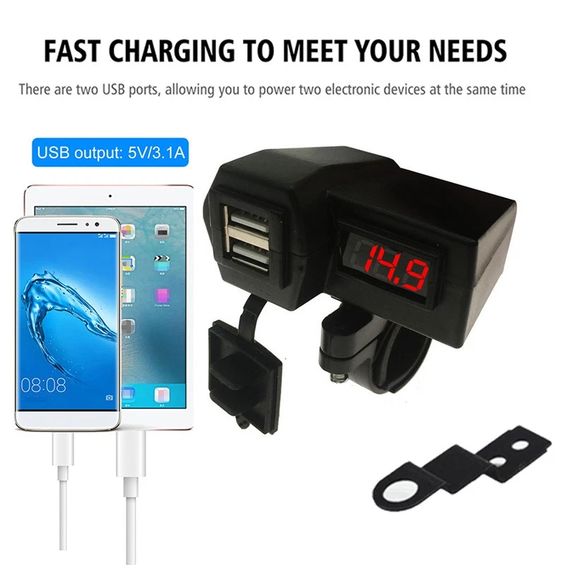 Waterproof Motorcycle Cellphone Dual USB Charger Socket with LED Voltmeter - Image 2 of 4