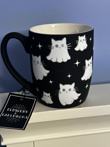 NUOVA tazza da caffè gatto ragnatele e calderoni Halloween bianco e nero - Foto 2 di 6