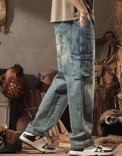 Herren Retro blau Denim Jeans mehrere Taschen gerades Bein Freizeithose Punk Hippie - Bild 7 von 12