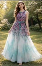 New Rabbit Designs Green Pink Floral Chiffon Sleeveless Prom Maxi Dress Sz M