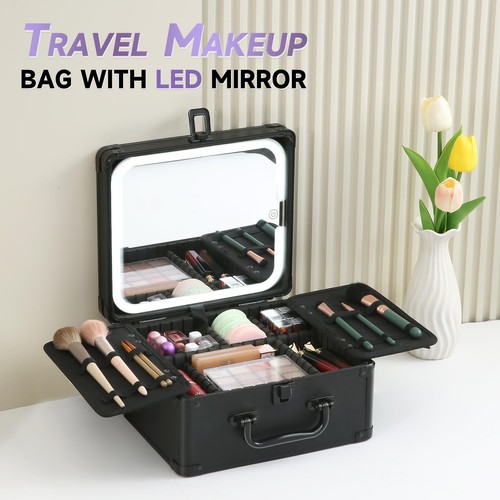Makeup Box with LED Mirror & Aluminum Frame, Compact Multi-Layer Cosmetic Org... - Picture 8 of 8