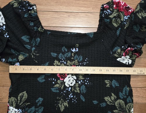 LOFT Black Floral Med Square Neck Blouse Knit Peasant Top Smocked Puff Sleeves - Picture 11 of 12