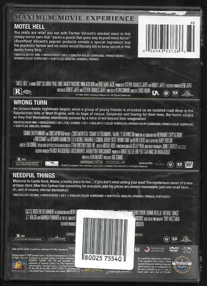 * OOP * Triple Feature MOTEL HELL / NEEDFUL THINGS / WRONG TURN - Ed Harris RARE - Image 2 of 2