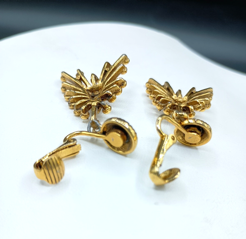 Vintage Atomic Clip Earrings Starburst Modernist Brutalist Brass Dangle 1.75" - Picture 5 of 7