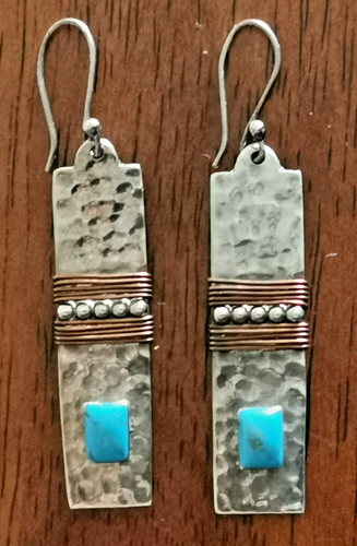 Vintage Taxco Sterling Silver Mexican Earrings. Hammered Sterling, Turquois,