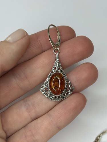 BALTIC AMBER Silver Earrings.COGNAC Amber Stone Earrings with Sterling Silver. - Picture 3 of 7