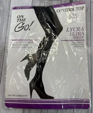 VINTAGE On the Go Control Top Queen Black Sandalfoot Ultra Sheer Lycra up to 6Ft