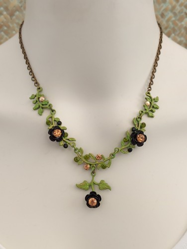 Michal Negrin Necklace Black Roses Y-Drop Green Enamel With Swarovski Crystals - Picture 7 of 18