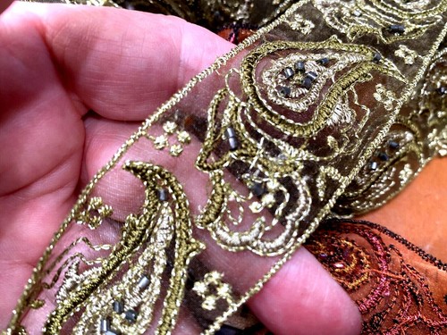 embroidered sheer 1.5" hand sewn paisley trim 1yd beads sequins - Picture 6 of 12