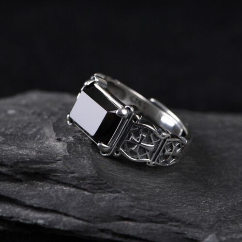 I05 Anello Da Uomo In Agata Nera A Forma Di Croce In Argento 925 Regolabile