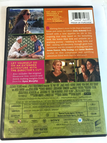 Eat Pray Love DVD Ships Free Same Day With Tracking - Picture 2 of 2