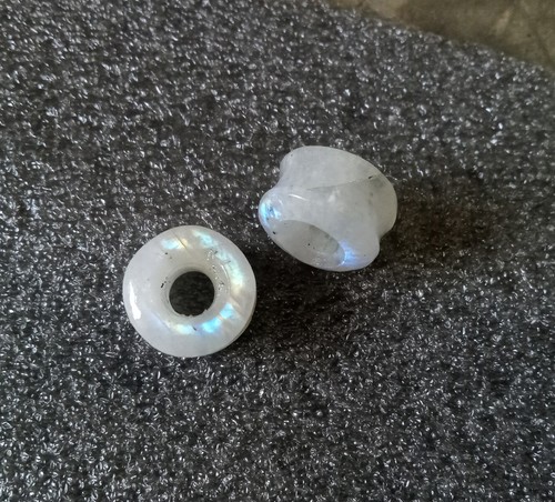 Rare! Pair Real Rainbow Moonstone Tunnel Plugs Gauges Body Jewelry Double Flared - Picture 5 of 9