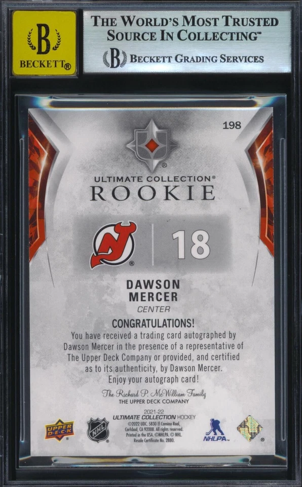 BGS 8.5 2021-22 Ultimate Collection #198 Dawson Mercer Auto Rookie RC SP /99 - Image 2 of 2