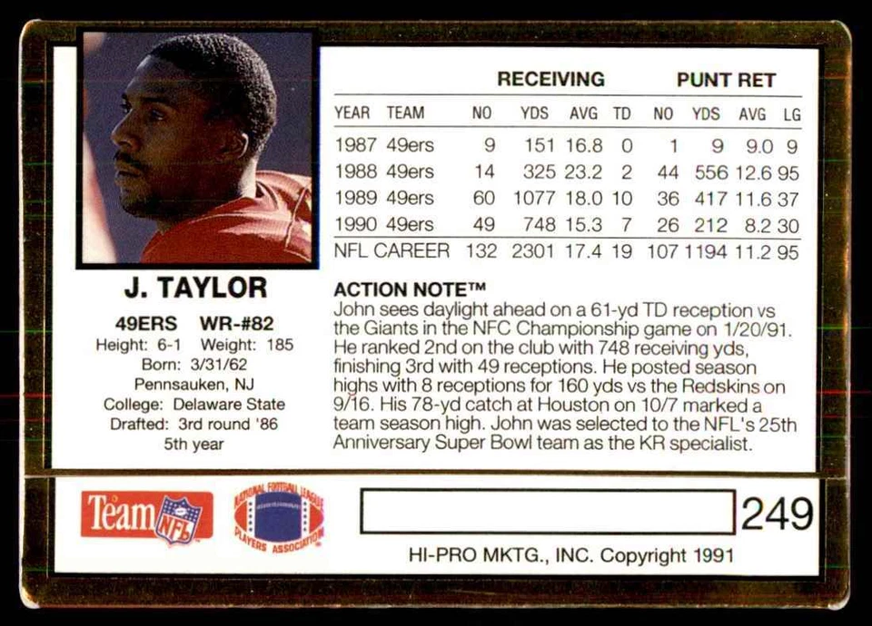 1991 Action Packed John Taylor #249 - Image 2 of 2