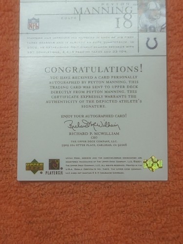 2001 UD NFL Legends Peyton Manning Blue Ink On-Card Autograph/Signed #PM Colts - Picture 6 of 6