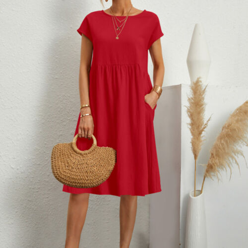 Women Cotton Linen Short Sleeve Round Neck Sundress Solid Summer Shirt Dress US - Picture 29 of 55