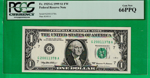 1999 $1 Federal Reserve note BIRTH YEAR Serial Numbers 2001 - 1378 PCGS 66 - Picture 2 of 3
