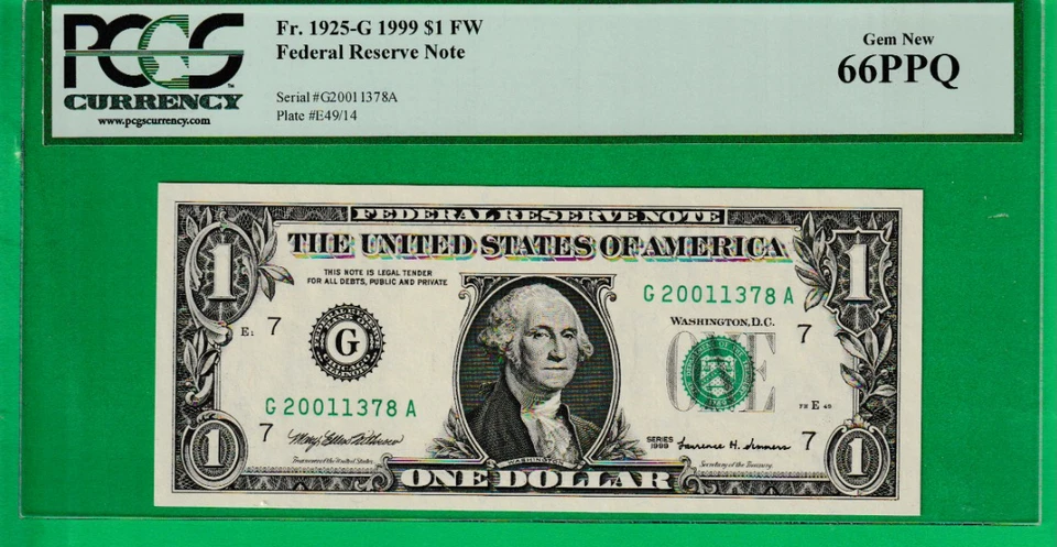 1999  $1  Federal Reserve note BIRTH YEAR Serial Numbers ""2001"" - 1378 PCGS 66 - Image 2 of 3