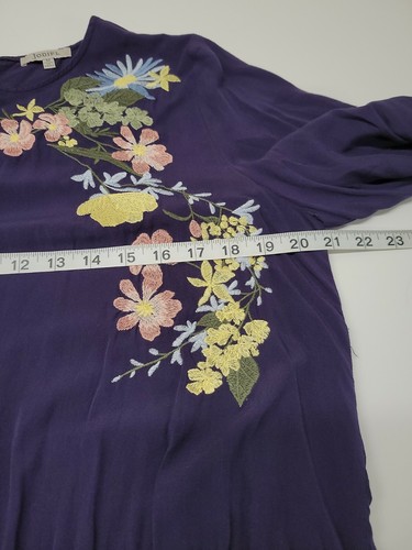 JODIFL Medium Navy Blue Embroidered Blouse Peplum Hem Elastic Slv Flowers Rayon - Picture 8 of 12
