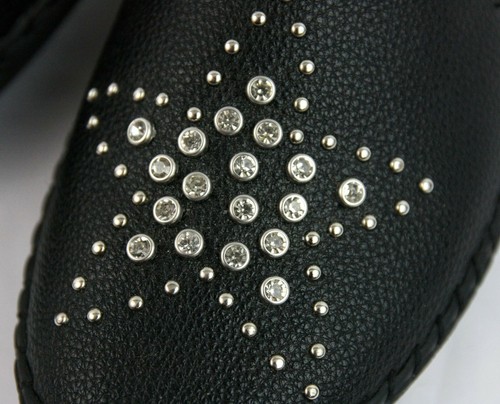 Italina Leather Insole Rhinestone Star Comfort Flats Slip Ons Slides Black 8 - Picture 2 of 8