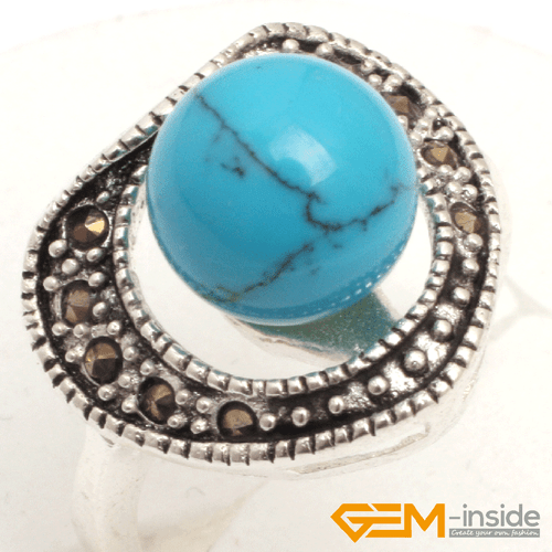 Natural Gemstone Charms Rings Jewelry Tibetan Silver Marcasite Women Gift 6#-8# - Picture 9 of 43