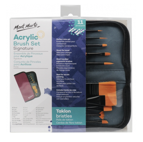 11pcs Mont Marte Signature Acrylic Taklon Brush Set in Wallet Case Art Painting - Picture 2 of 7