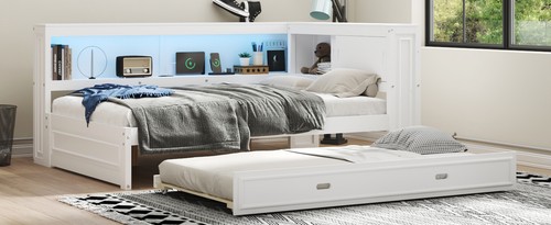 Full Size Bed Wood Daybed with Storage Shelves, USB, LED, and Trundle, White - Picture 7 of 12