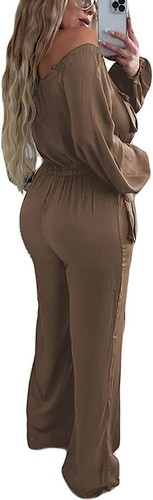 womens sexy off shoulder drawsting waist baggy wide leg pants jumpsuits - Picture 2 of 5